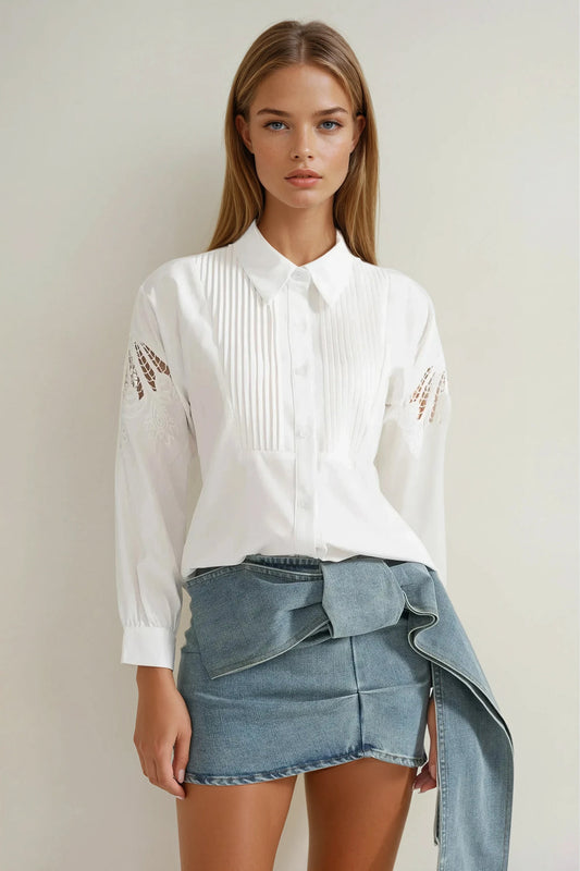 Long Sleeve Shirt with Pleats and Cut-Out Embroidery - White