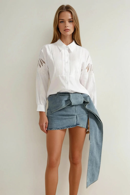 Mini Skirt with Draped Side Detail - Blue