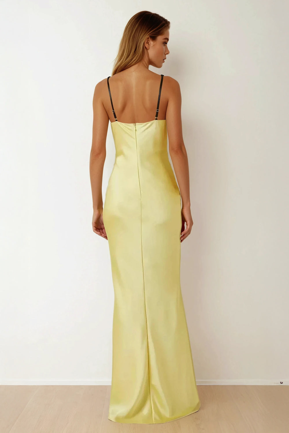 Maxi Dress with Draped Neckline and Contrast Bra Detail - Yellow
