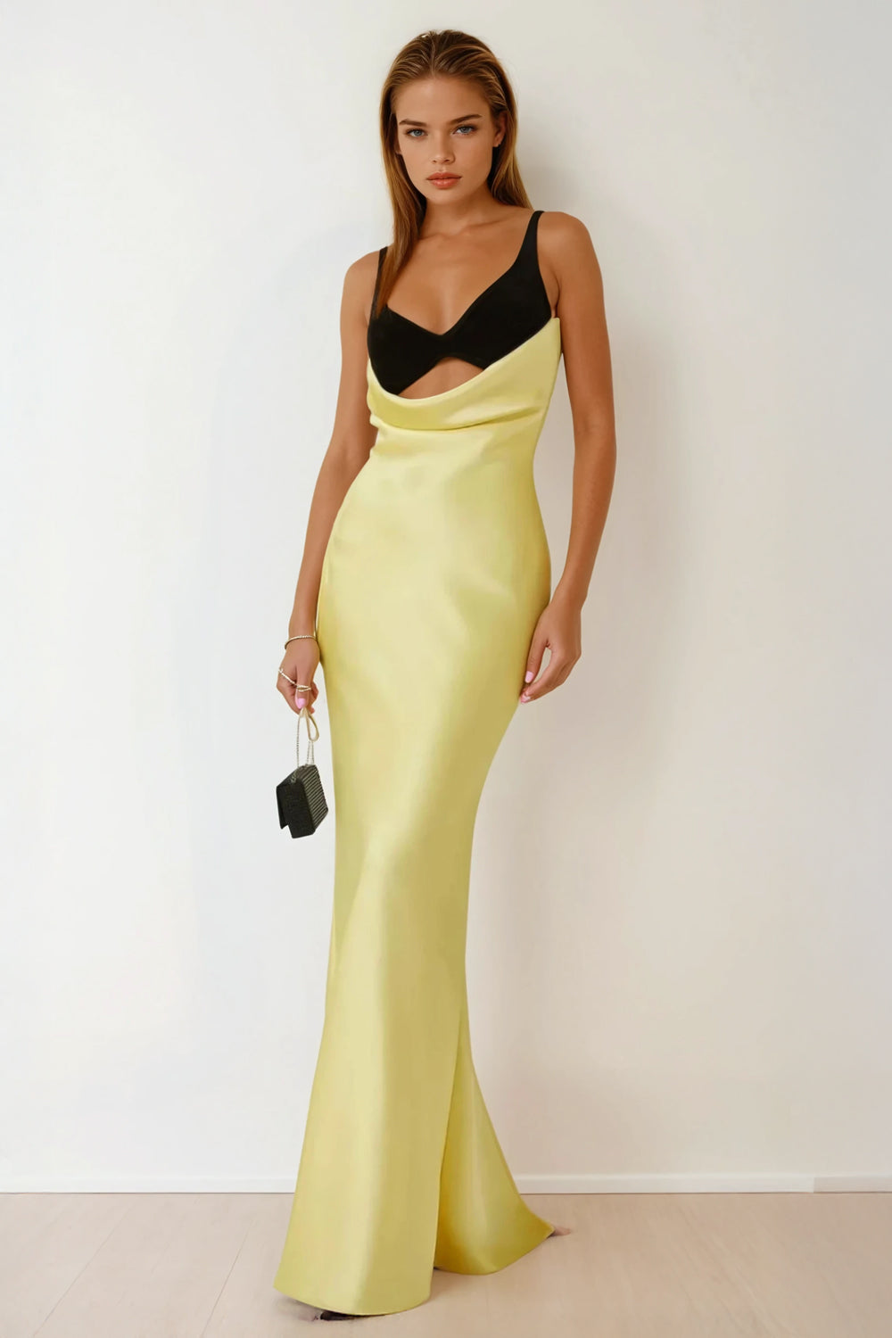 Maxi Dress with Draped Neckline and Contrast Bra Detail - Yellow