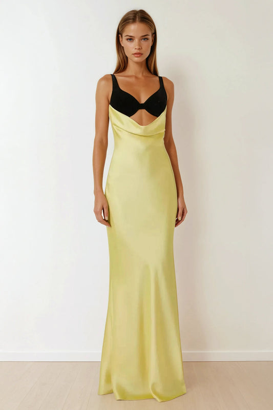 Maxi Dress with Draped Neckline and Contrast Bra Detail - Yellow