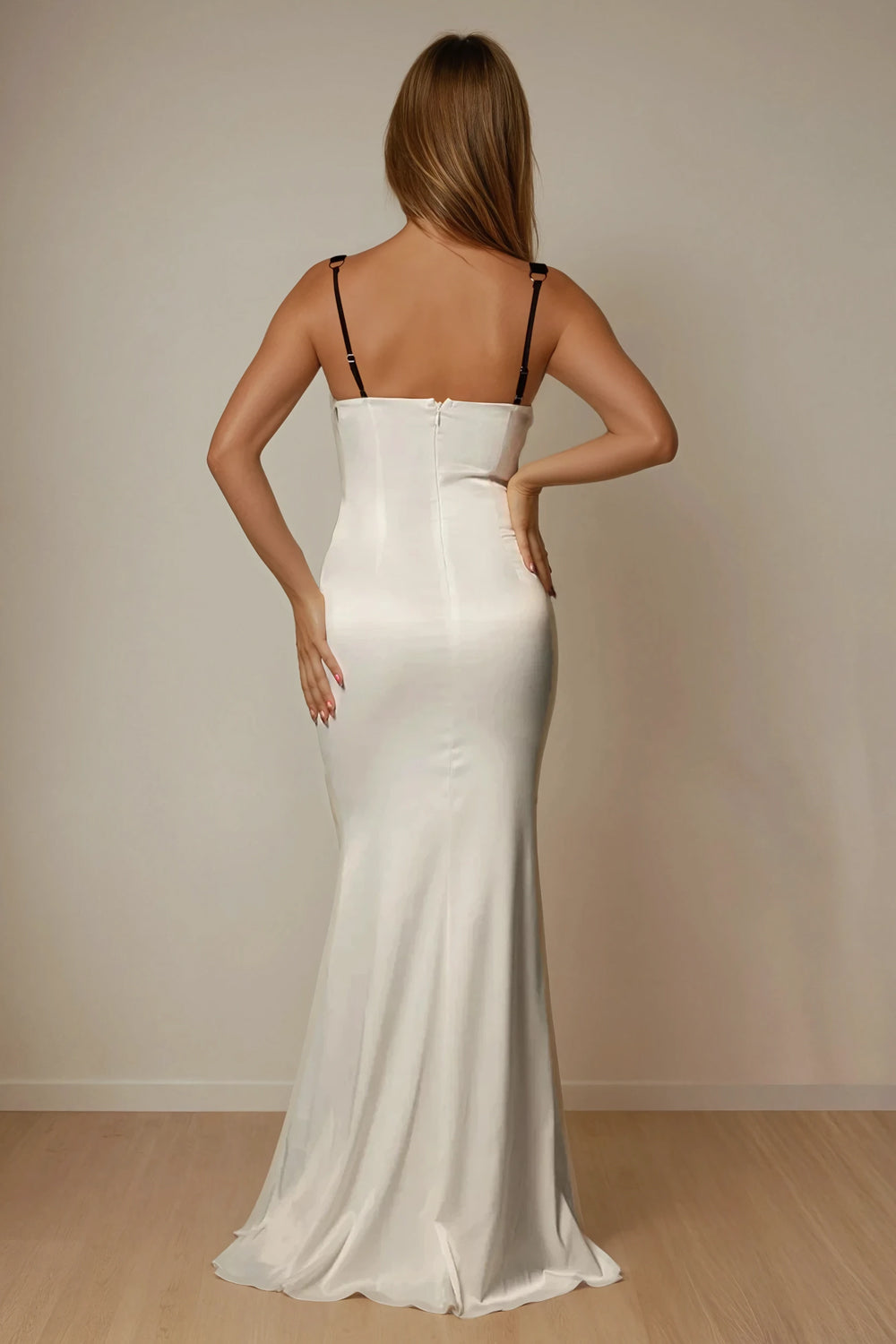 Maxi Dress with Draped Neckline and Contrast Bra Detail - White