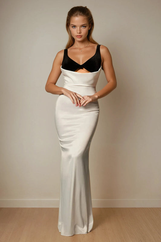 Maxi Dress with Draped Neckline and Contrast Bra Detail - White