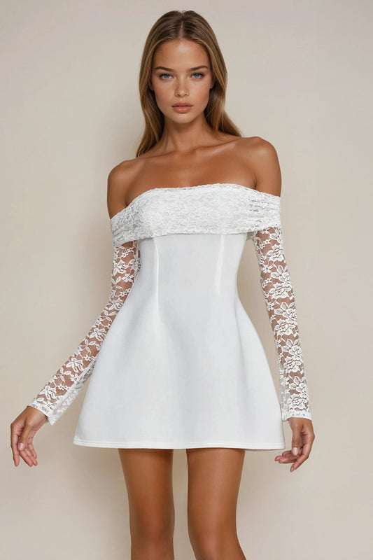 Off Shoulder Mini Dress with Lace Long Sleeves - White