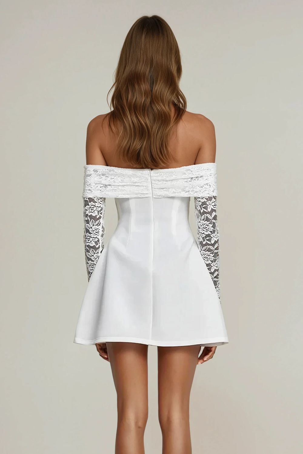 Off Shoulder Mini Dress with Lace Long Sleeves - White