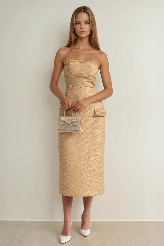 Strapless Structured Midi Dress with Pocket Detail - Beige