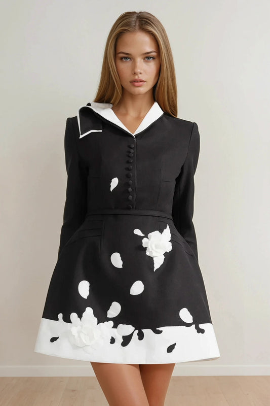 Mini Dress with Collar and Floral Detailing - Black