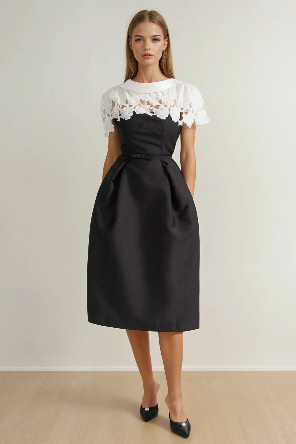 Midi Dress with Lace Cape and Fitted Waist - Black