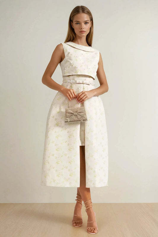 Sleeveless Floral Pattern Midi Dress with Belt Detail - Beige