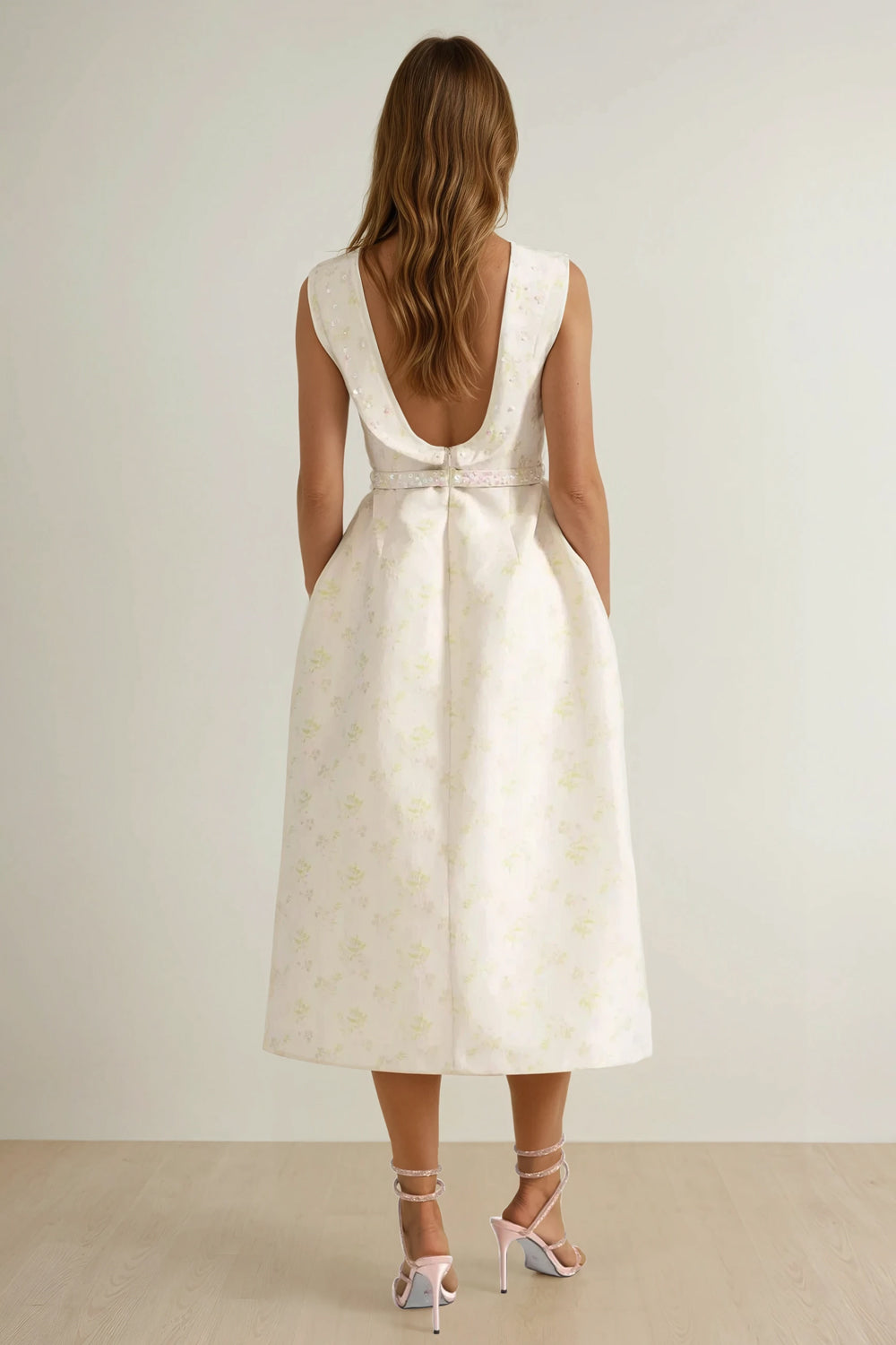 Sleeveless Floral Pattern Midi Dress with Belt Detail - Beige