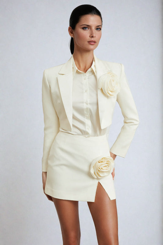 Two-Piece Set with Cropped Blazer and High-Waisted Skirt with Floral Accents - White