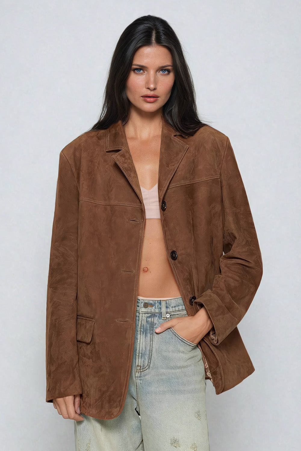 Oversized Single-Breasted Blazer with Notched Lapel - Brown