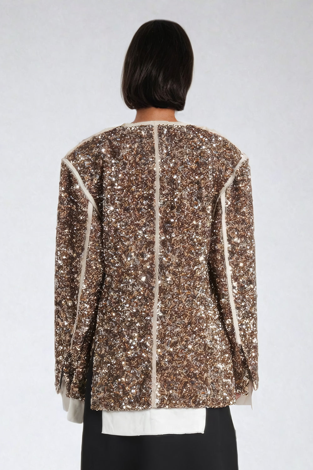 Sequined Statement Coat with Round Neckline and Relaxed Fit - Gold