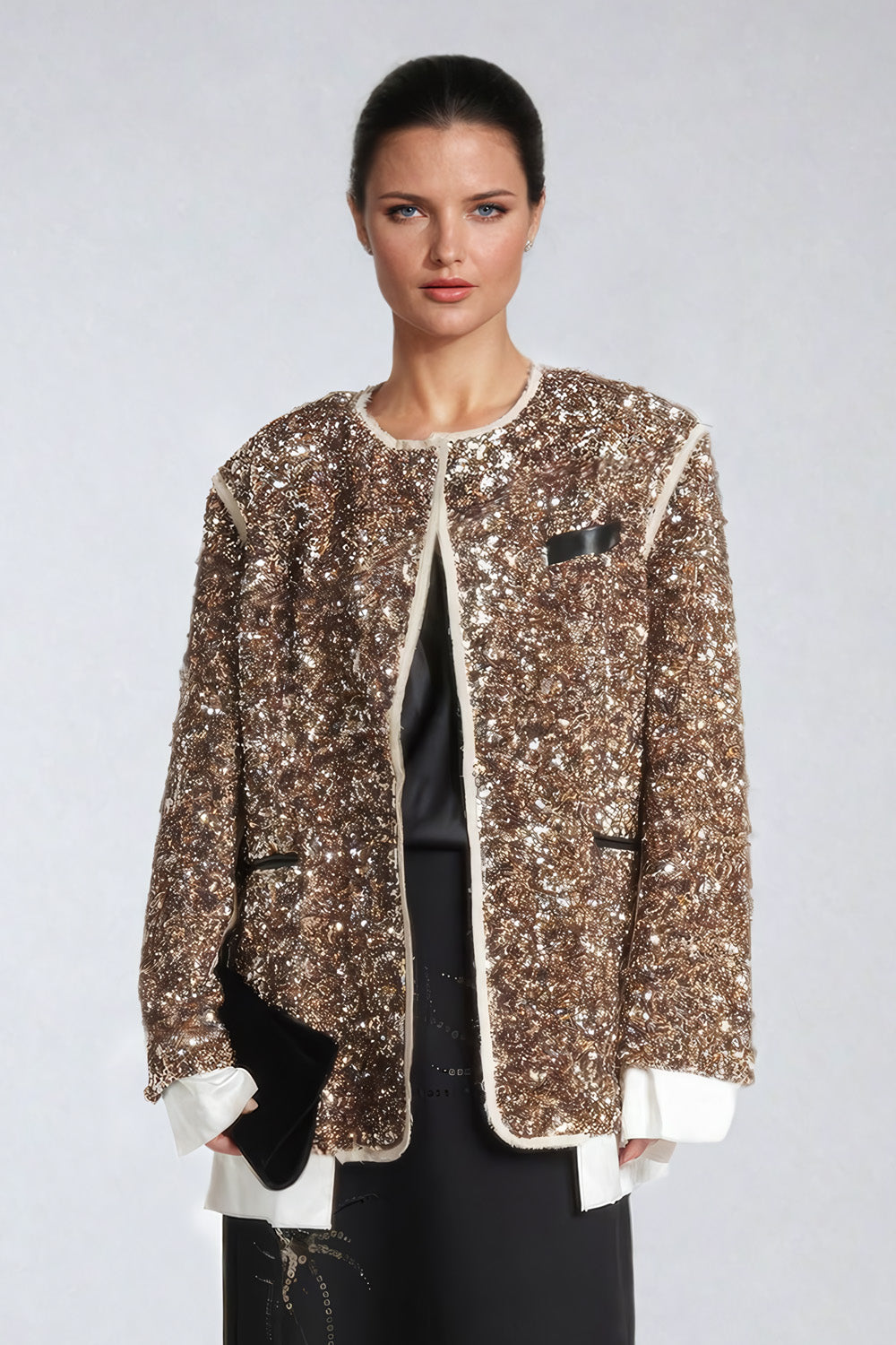 Sequined Statement Coat with Round Neckline and Relaxed Fit - Gold