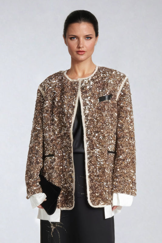 Sequined Statement Coat with Round Neckline and Relaxed Fit - Gold