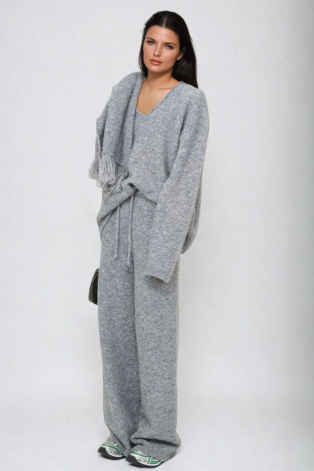 Three-Piece Set Sweater and Trousers with Scarf - Gray