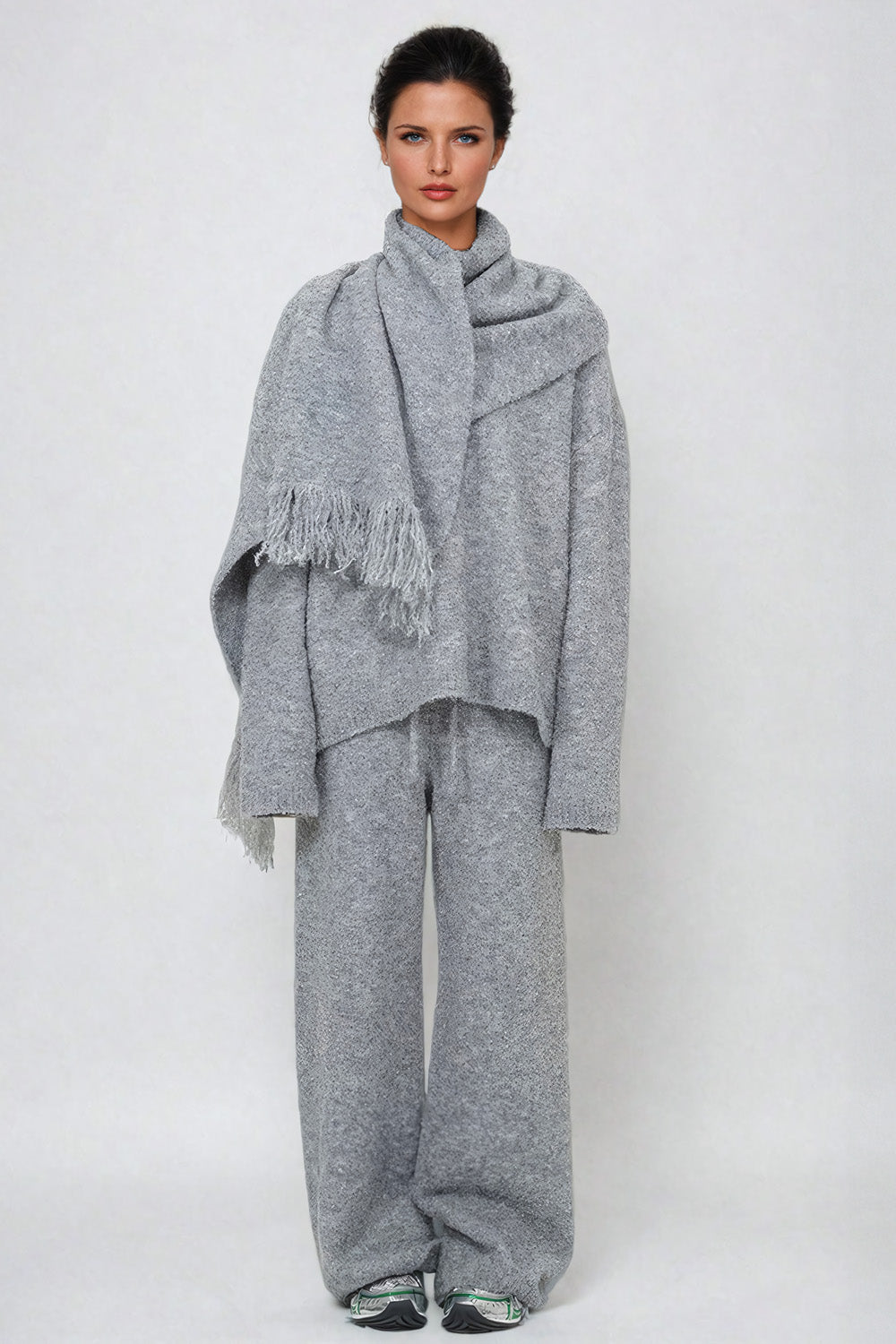 Three-Piece Set Sweater and Trousers with Scarf - Gray