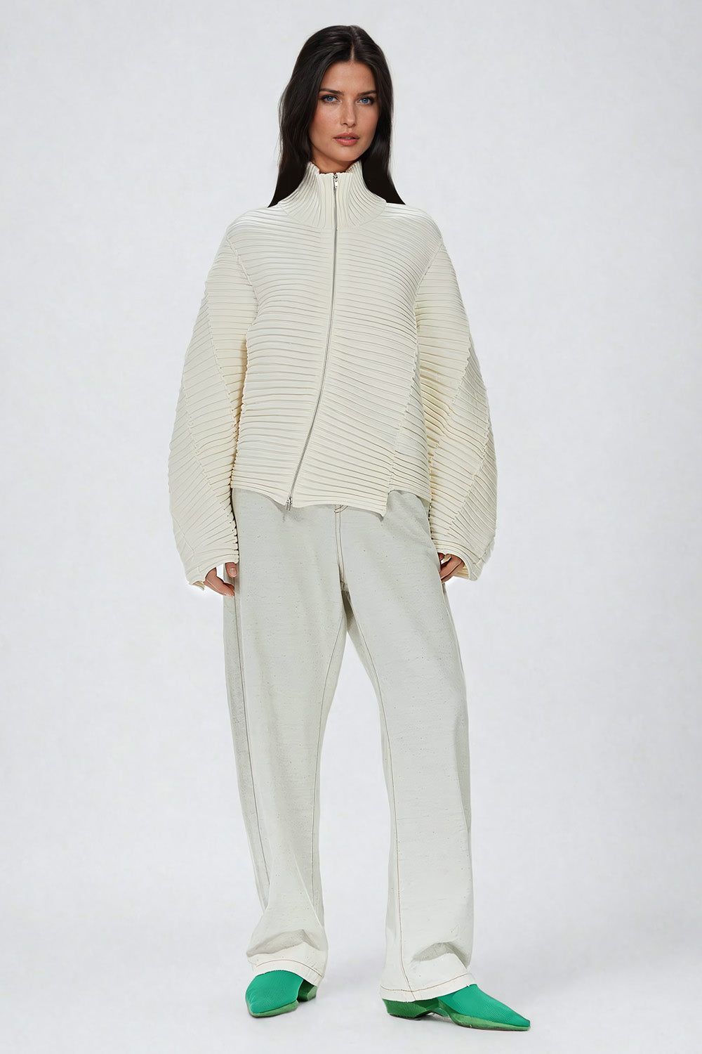 Asymmetrical Ribbed Zip-Up Sweater - Beige