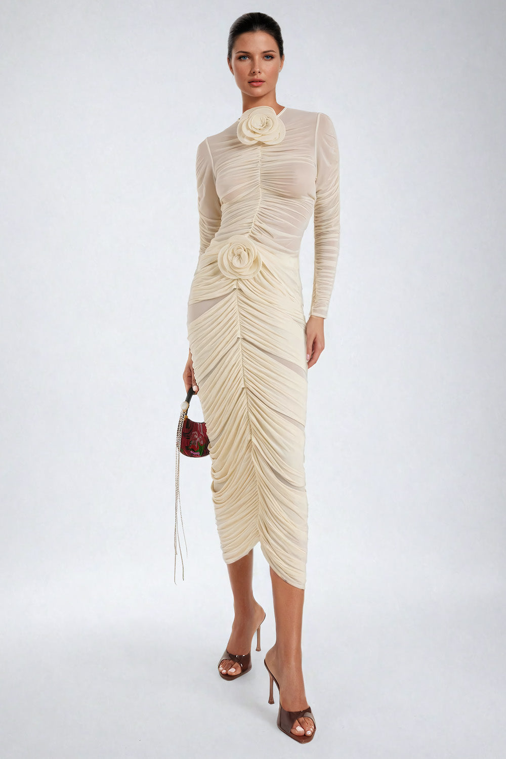 Two-Piece Set with Ruched Long Sleeve Top and High-Waisted Skirt - Beige