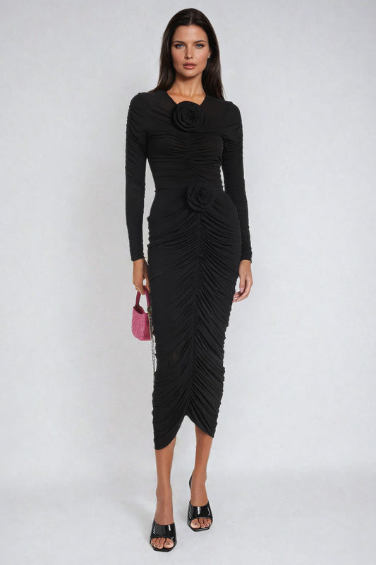 Two-Piece Set with Ruched Long Sleeve Top and High-Waisted Skirt - Black