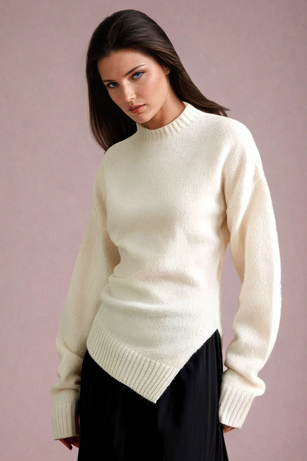 Asymmetrical Hem Sweater with Ribbed Crew Neckline - White