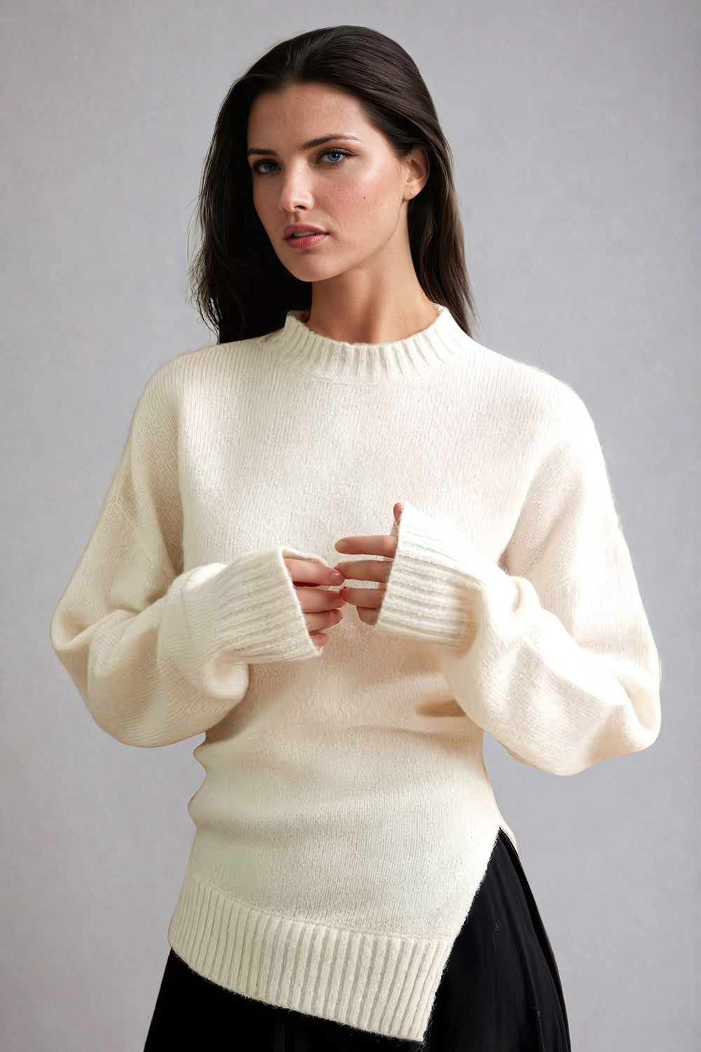 Asymmetrical Hem Sweater with Ribbed Crew Neckline - White