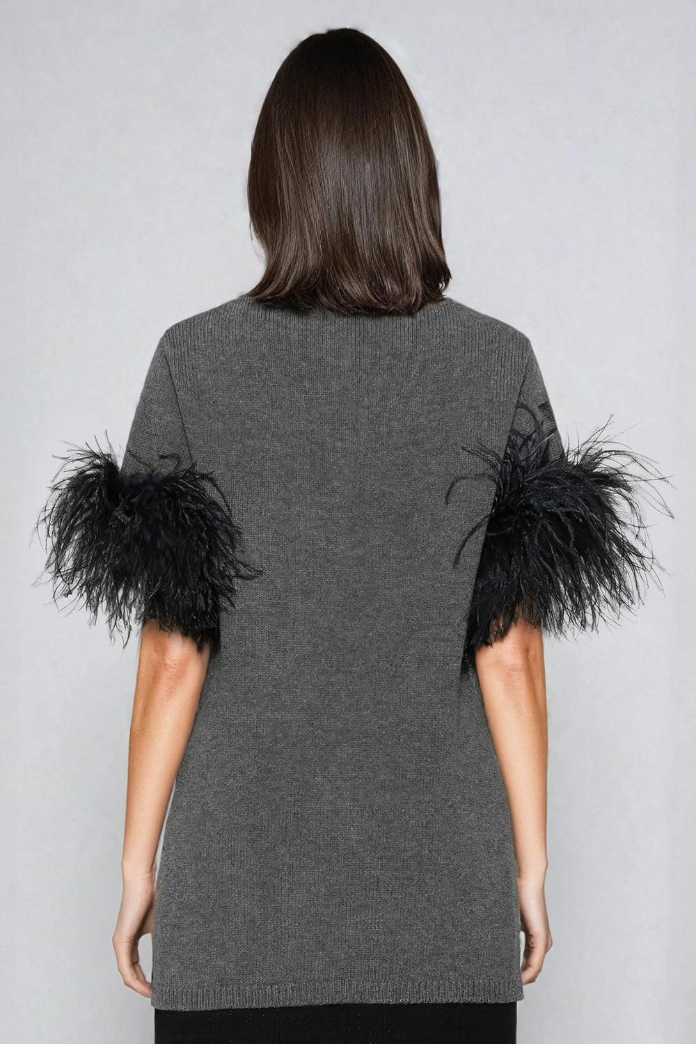 Oversized Sweater with Feather Trimmed Sleeves - Gray