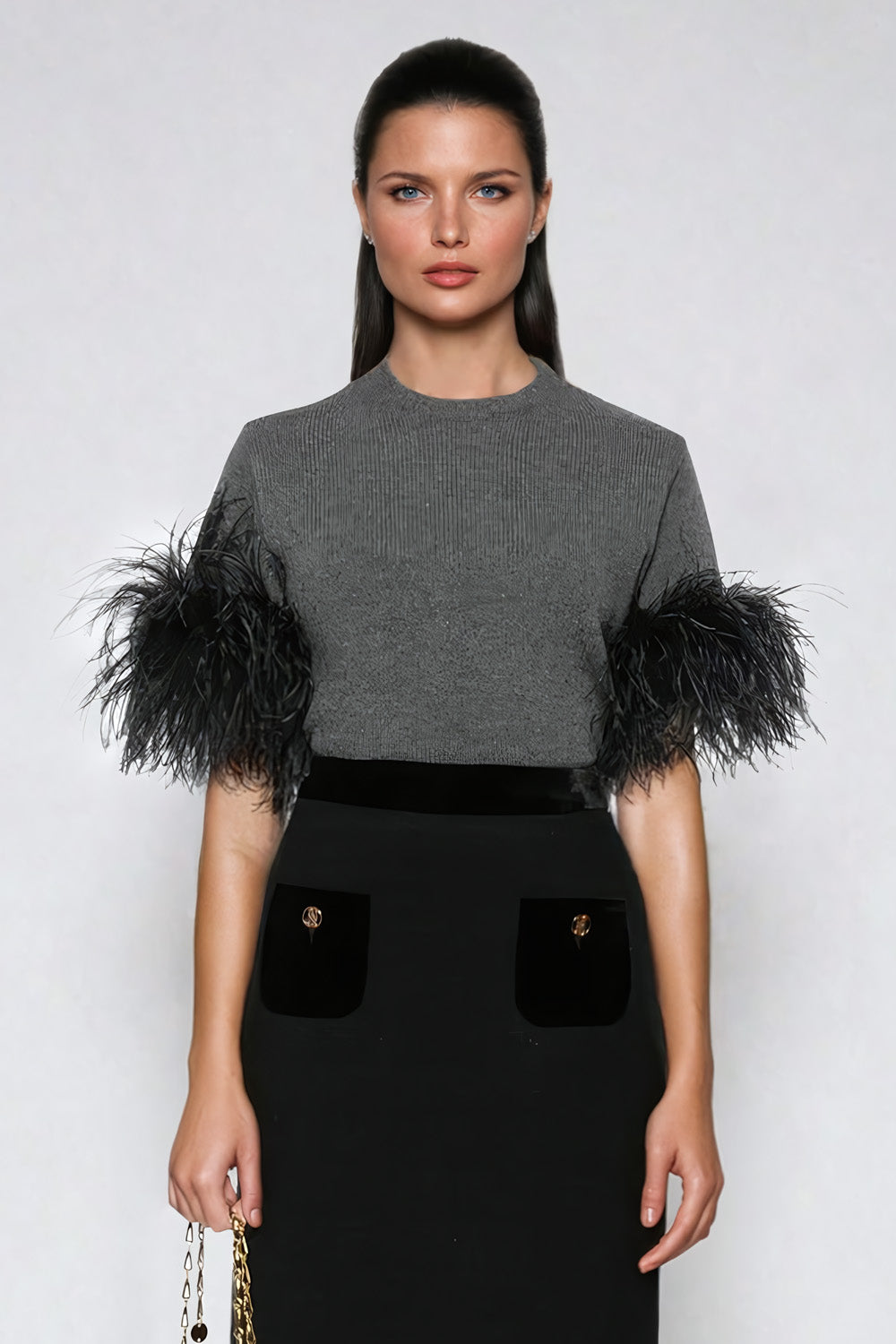 Oversized Sweater with Feather Trimmed Sleeves - Gray