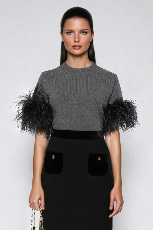 Oversized Sweater with Feather Trimmed Sleeves - Gray