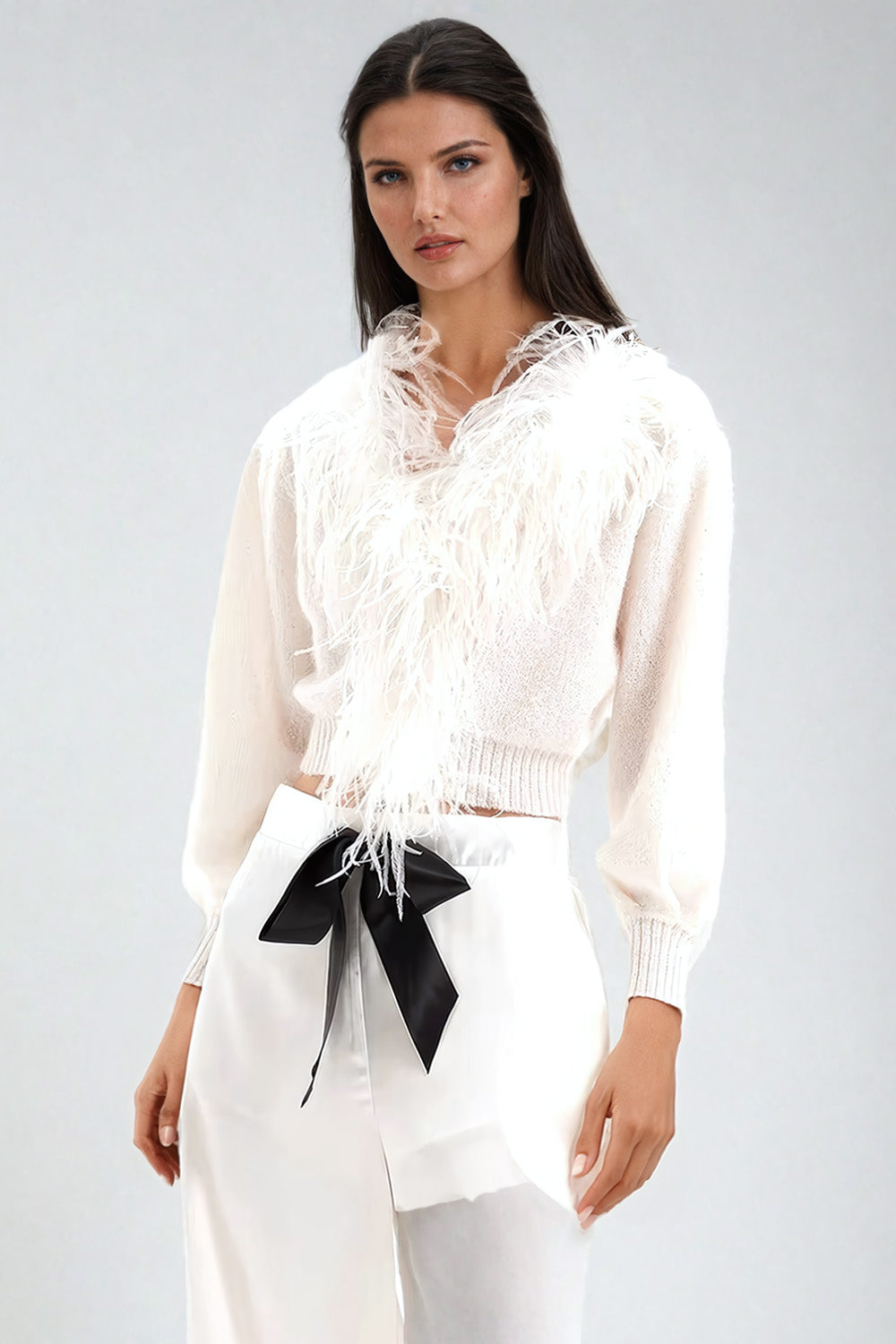 Cropped Feather-Trim Puff Sleeve Jacket - White