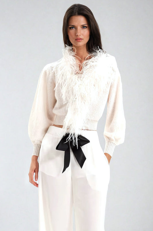 Cropped Feather-Trim Puff Sleeve Jacket - White