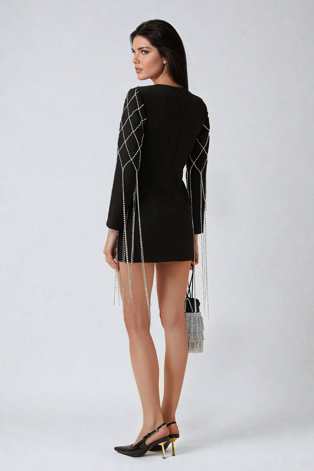 Crystal Fringe Embellished Mini Dress - Black