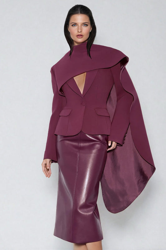 Asymmetrical Draped Cape Blazer with Notched Lapel - Burgundy