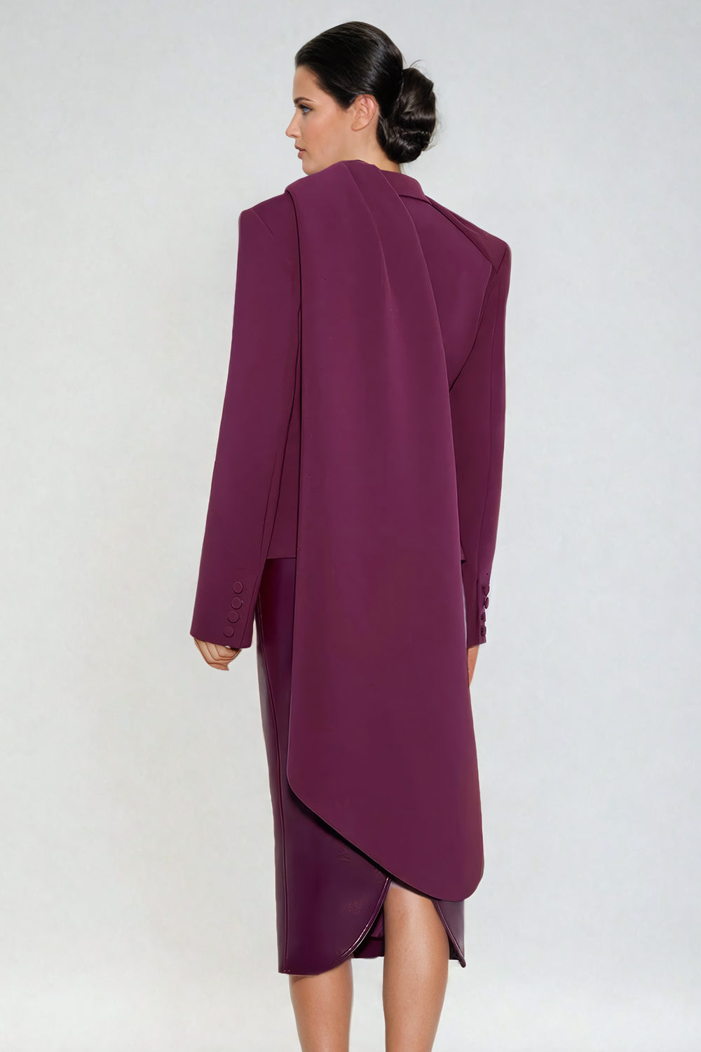 Asymmetrical Draped Cape Blazer with Notched Lapel - Burgundy