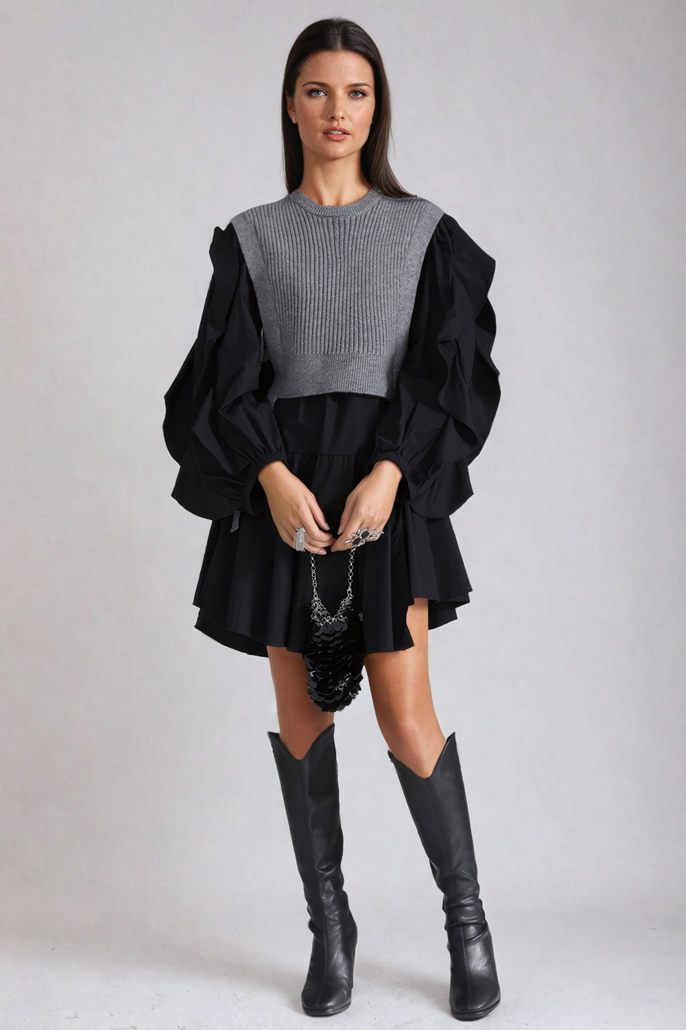 Tiered Puff Sleeve Mini Dress with Layered Knit Vest - Black