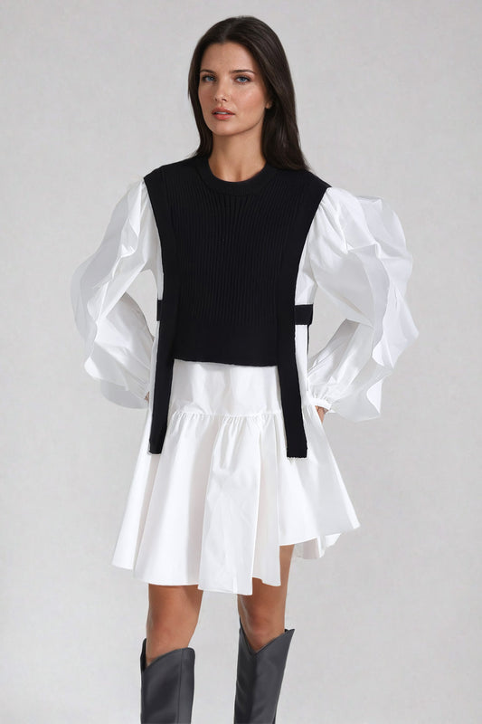 Tiered Puff Sleeve Mini Dress with Layered Knit Vest - White