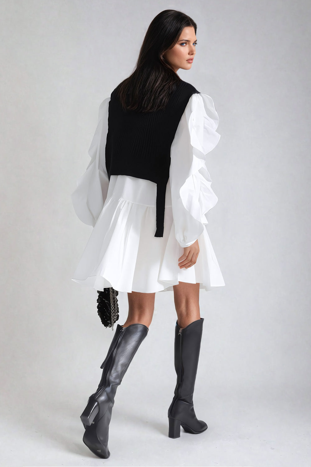 Tiered Puff Sleeve Mini Dress with Layered Knit Vest - White