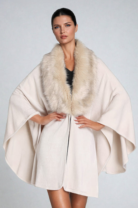 Draped Shawl Collar Cape Jacket with Fur Trim - Beige