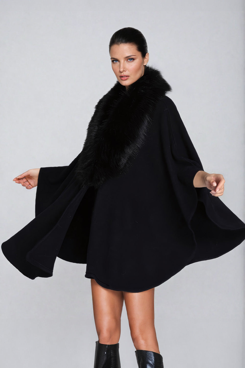 Draped Shawl Collar Cape Jacket with Fur Trim - Black