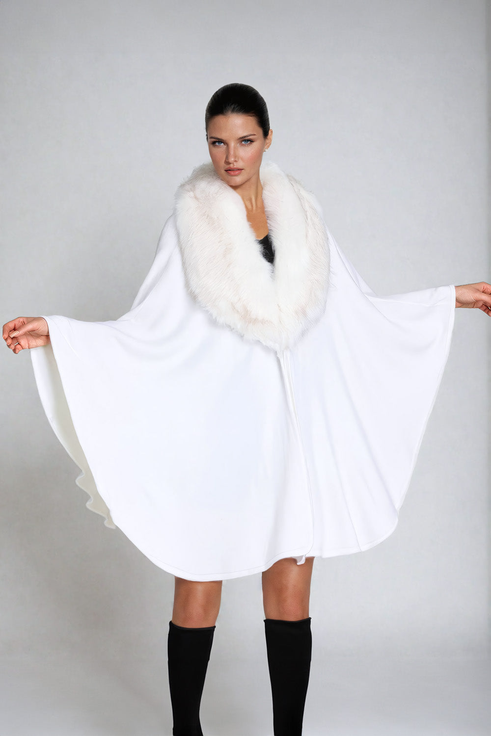 Draped Shawl Collar Cape Jacket with Fur Trim - White