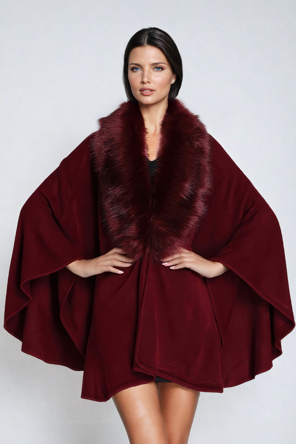 Draped Shawl Collar Cape Jacket with Fur Trim - Burgundy