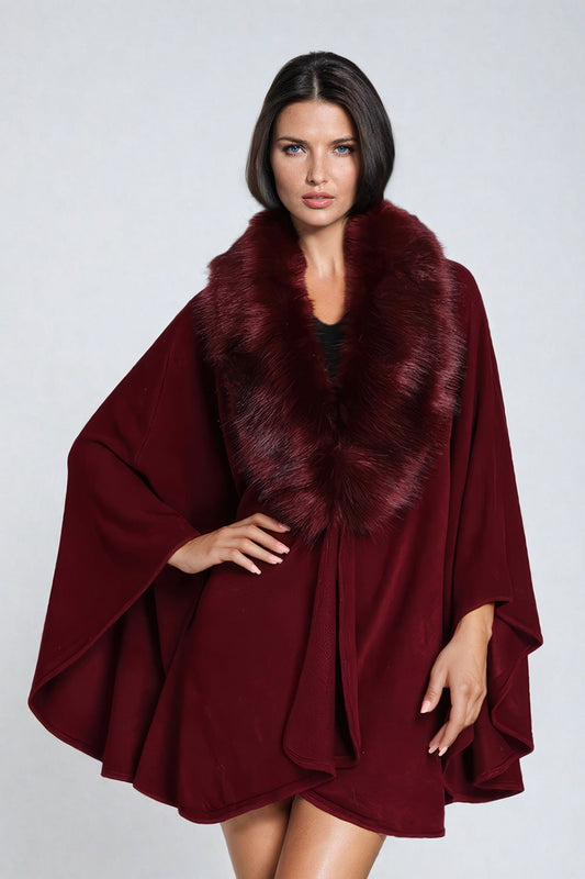 Draped Shawl Collar Cape Jacket with Fur Trim - Burgundy