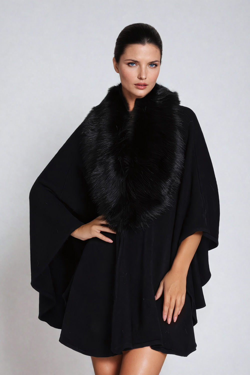 Draped Shawl Collar Cape Jacket with Fur Trim - Black