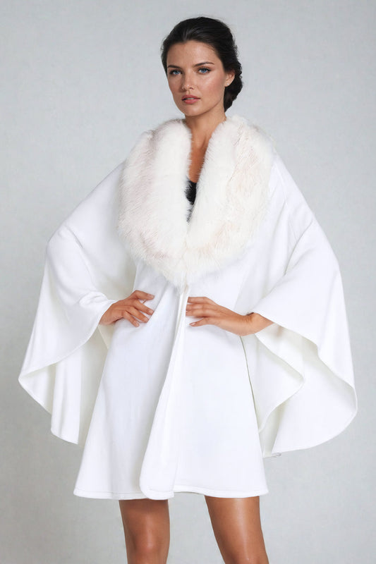 Draped Shawl Collar Cape Jacket with Fur Trim - White