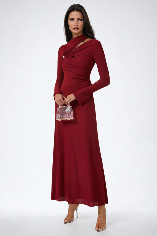 One-Shoulder Twist Detail Maxi Dress - Burgundy