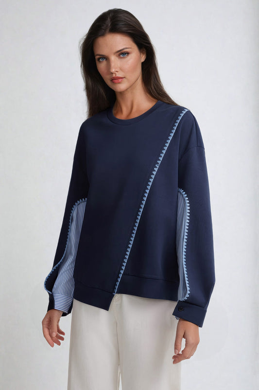 Diagonal Embellished Sweater with Layered Sleeve Detail - Blue