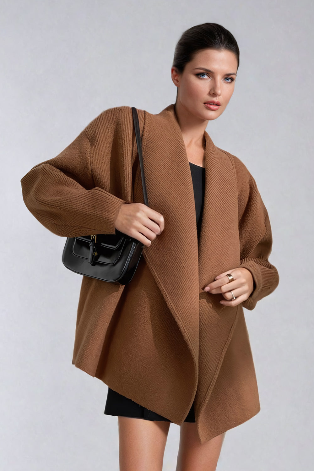 Draped Open Front Sweater with Relaxed Fit and Shawl Collar - Brown