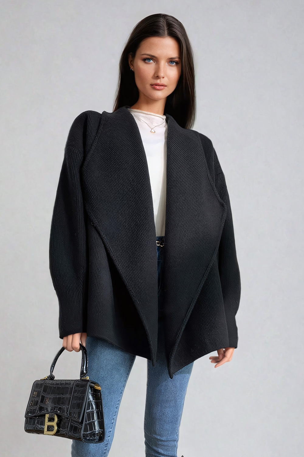 Draped Open Front Sweater with Relaxed Fit and Shawl Collar - Black