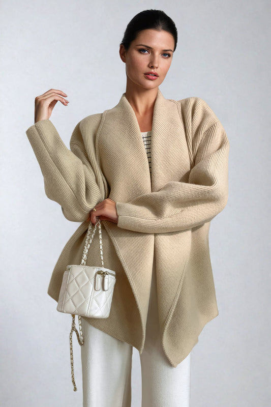 Draped Open Front Sweater with Relaxed Fit and Shawl Collar - Beige