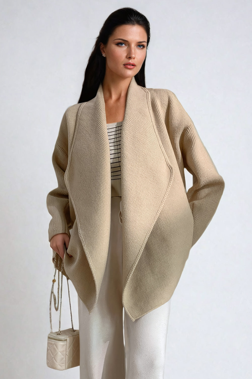 Draped Open Front Sweater with Relaxed Fit and Shawl Collar - Beige